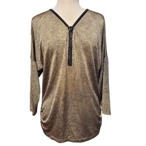 JM Collection Women Metallic Gold Zipper V Neck Long Sleeve Tunic Top M Holidays